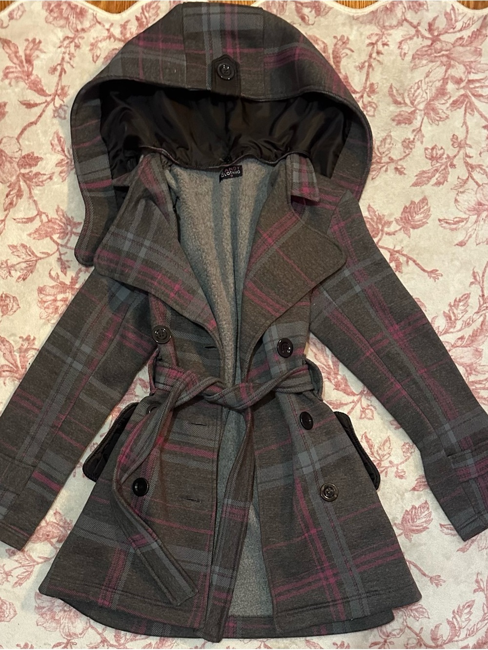 Y2K Plaid Hooded Belted Wool-Blend Coat - Gray & Pink